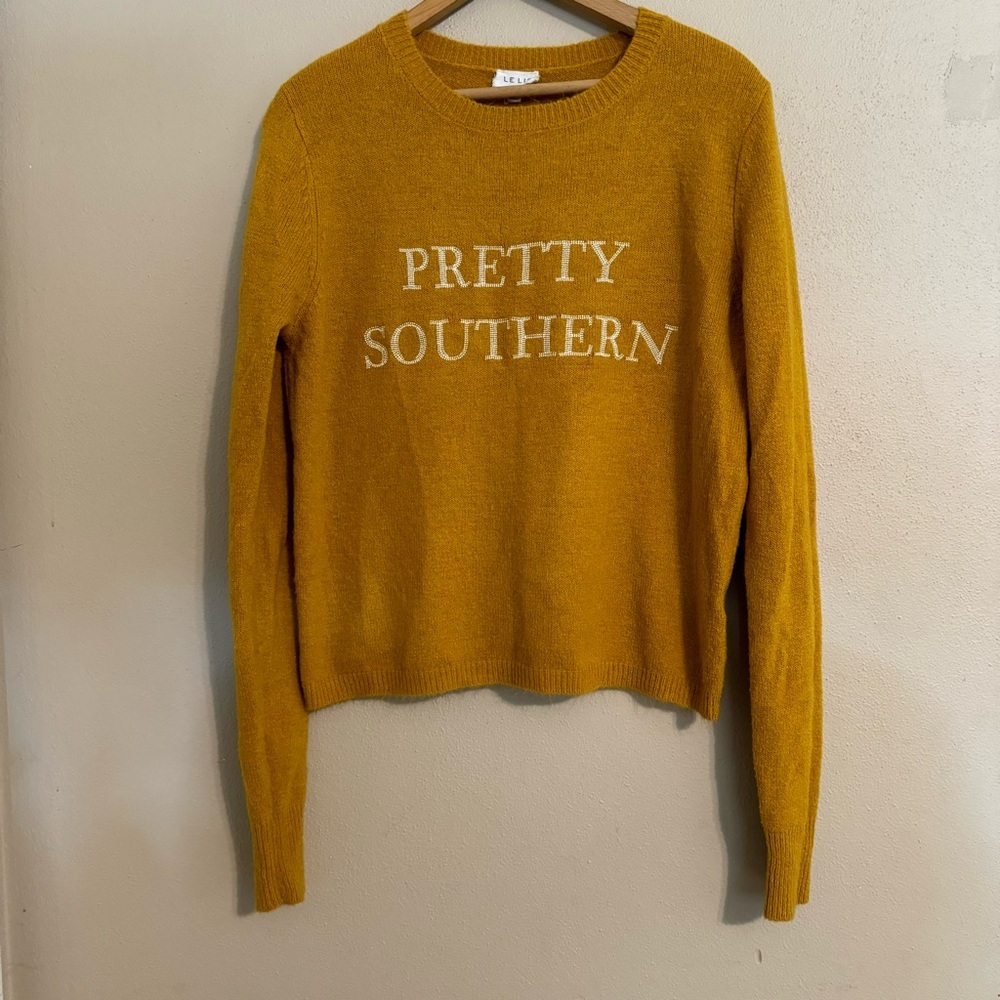 Le Lis Mustard Crew Neck Sweater with "Pretty Southern" Script